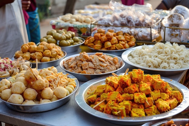 Una variedad de coloridas comidas callejeras indias en exhibición