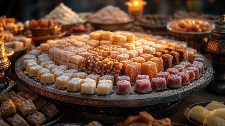 Una variedad de coloridas delicias turcas y dulces exhibidos en una bandeja decorativa