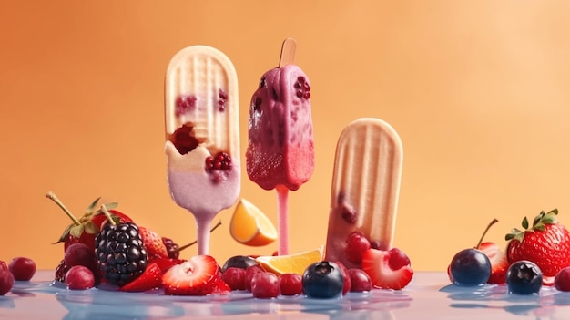 Foto variedad de coloridas paletas de verano con hielo y fruta ia generativa