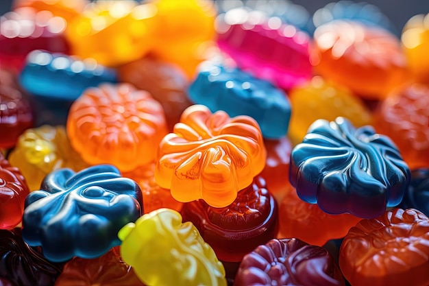 Una variedad de coloridos caramelos de jalea en forma de cerebro sabrosos dulces de Halloween