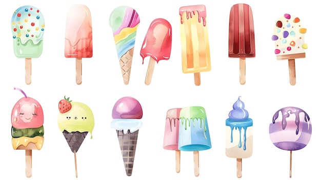 Una variedad de coloridos y estilizados helados y golosinas congeladas en estilo acuarela vibrante