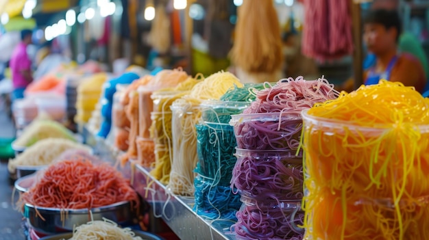 Una variedad de coloridos fideos Shirataki para la venta en el mercado callejero