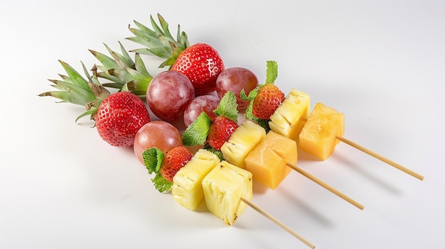 Una variedad de coloridos kebabs de frutas con trozos de piña, fresas, uvas y bolas de melón espetadas en palos de bambú para una exhibición de bocadillos saludables y llamativos sobre un fondo blanco