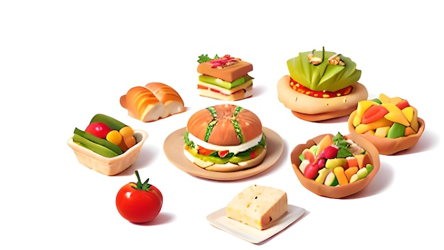 Una variedad de comida incluyendo una hamburguesa y un tomate