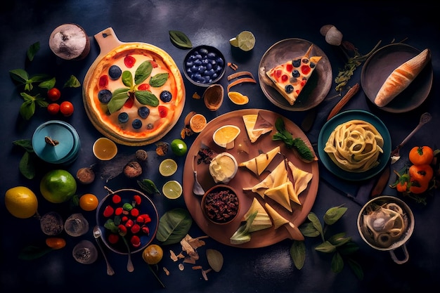 Variedad de comida italiana en un ai oscuro backgroundgenerative