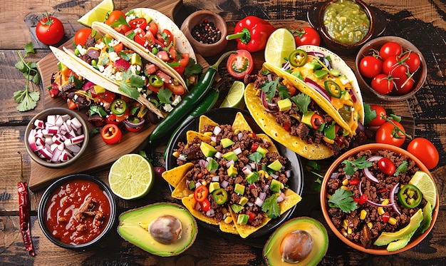 Una variedad de comida mexicana con fajitas, chile con carne y nachos con carne de res de aguacate y queso.
