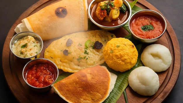 Foto una variedad de comidas de desayuno del sur de la india en fondo de madera ghee dosa uttappammedhu vadapongalpodi i