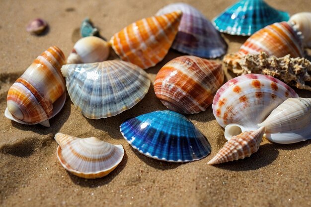 Foto una variedad de conchas de colores esparcidas por la playa de arena