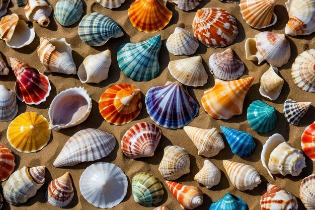 Foto una variedad de conchas de colores esparcidas por la playa de arena
