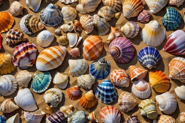 Foto una variedad de conchas de colores esparcidas por la playa de arena