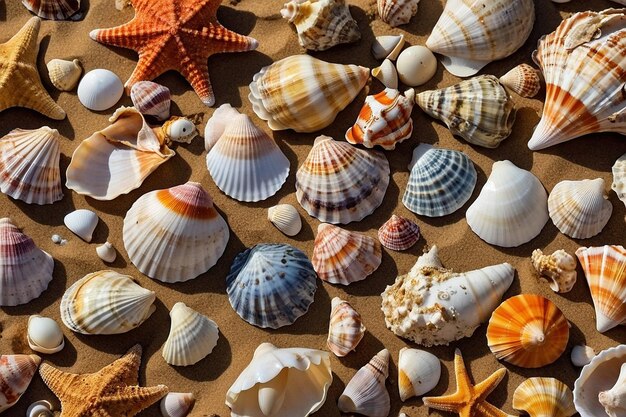 Una variedad de conchas marinas en una playa de arena