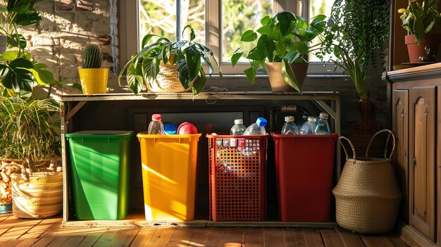 Una variedad de contenedores de reciclaje se colocan en una habitación brillante y soleada