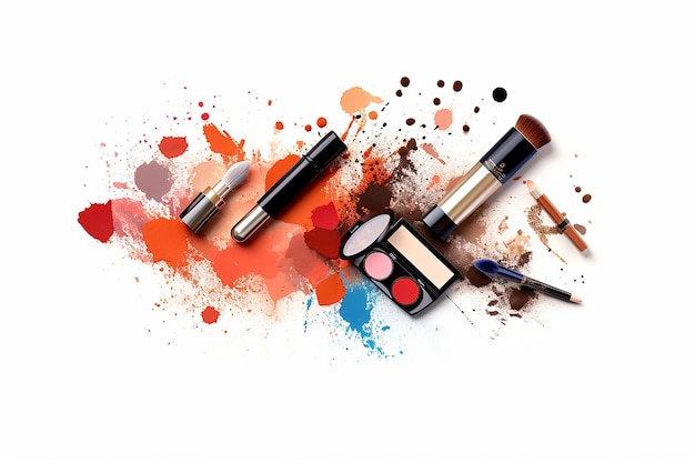 Una variedad de cosméticos y pinceles de maquillaje con salpicaduras de colores vívidos