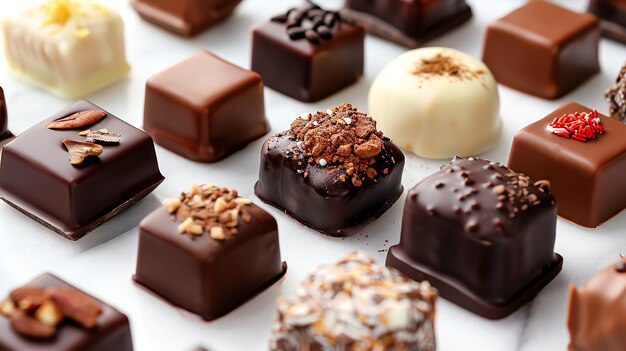 Una variedad de cuadrados de chocolate gourmet cada uno con una cubierta única expuesta en una superficie blanca