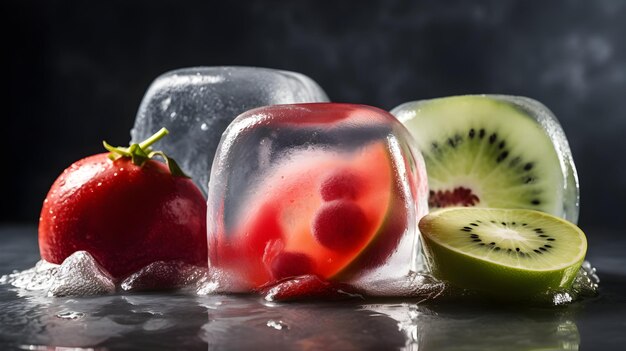 Una variedad de cubitos de hielo de frutas están sobre una mesa.