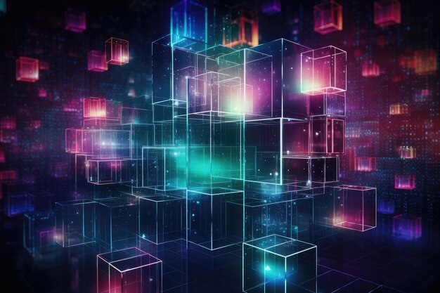 Una variedad de cubos de varios tamaños y colores flotando en el aire. Representación en tonos joya del almacenamiento de datos en formas de cubos futuristas generados por IA.