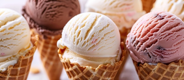 Una variedad de cucharas de helado en conos con sabores de chocolate, vainilla y fresa