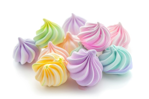 Una variedad de delicadas galletas de merengue de varios colores aisladas sobre un fondo blanco