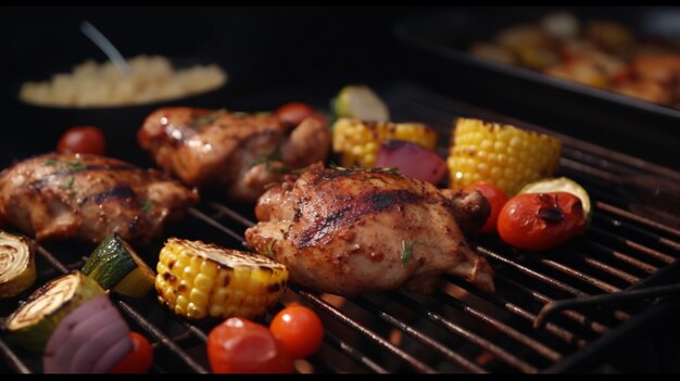 Una variedad de deliciosa carne a la parrilla con verduras sobre las brasas en una barbacoa IA generativa