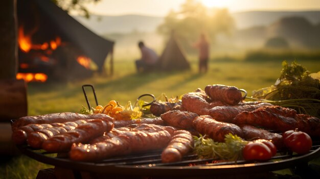 Una variedad de deliciosas carnes a la parrilla con verduras en la parrillas de barbacoa