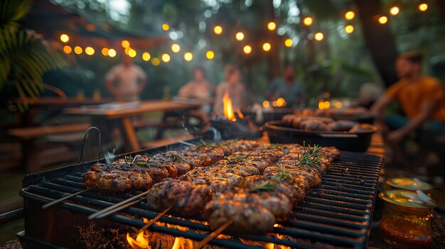 Foto una variedad de deliciosas carnes y verduras asadas humo y llamas en la parrilla de barbacoa