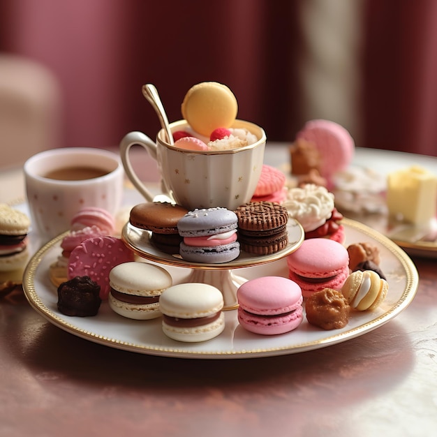 Una variedad de deliciosos macarrones y una taza de café en la mesa