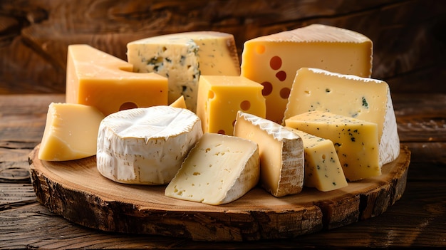 Una variedad de deliciosos quesos están dispuestos en una tabla de madera Los quesos son de