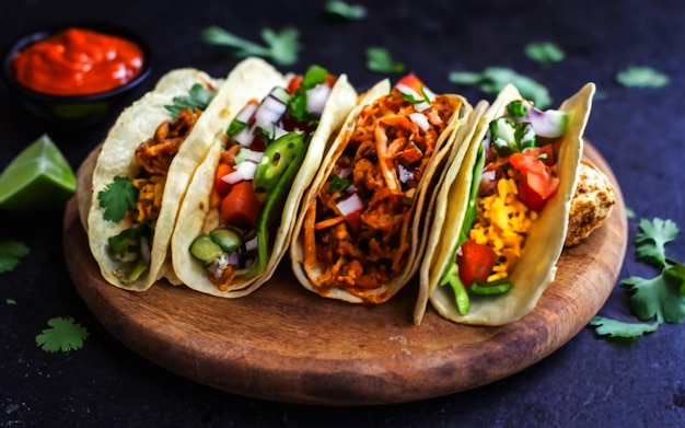 una variedad de deliciosos tacos y acompañantes bellamente dispuestos en un plato redondo de madera