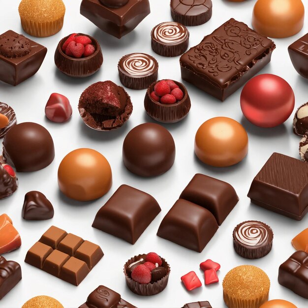Variedad de diferentes formas de chocolates sobre un fondo blanco