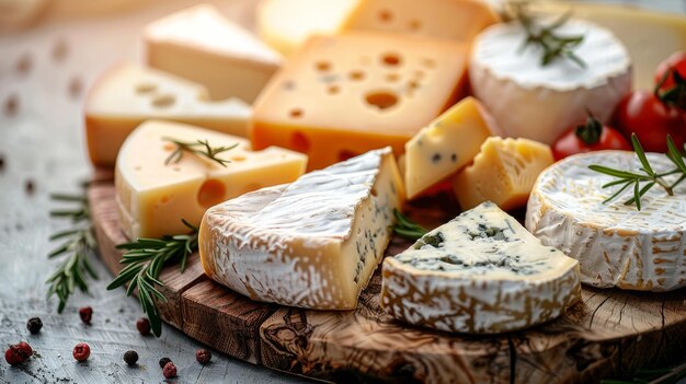 Una variedad de diferentes tipos de queso sobre fondo de madera Fondo de queso