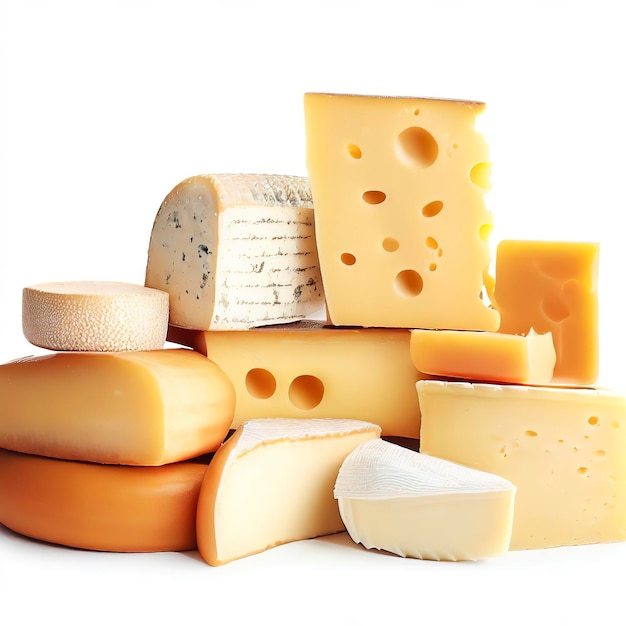Variedad de diferentes tipos de quesos apilados aislado sobre fondo blanco.