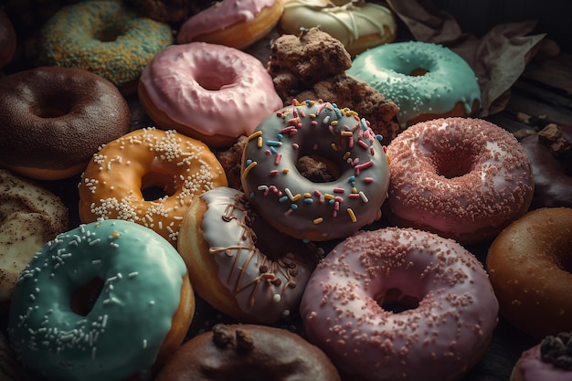 Una variedad de donas se muestran en una caja.