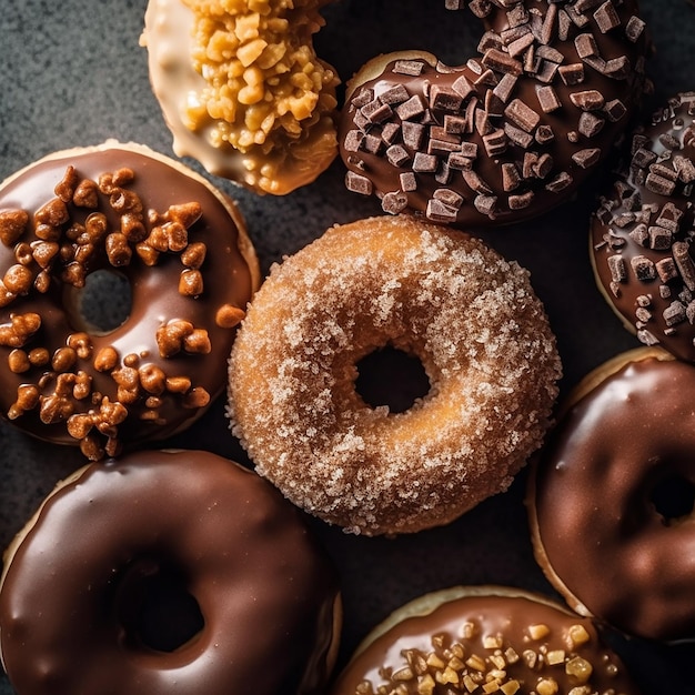 Una variedad de donuts están sobre una mesa.