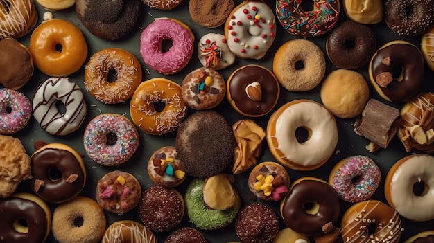 Una variedad de donuts se muestran en una mesa.