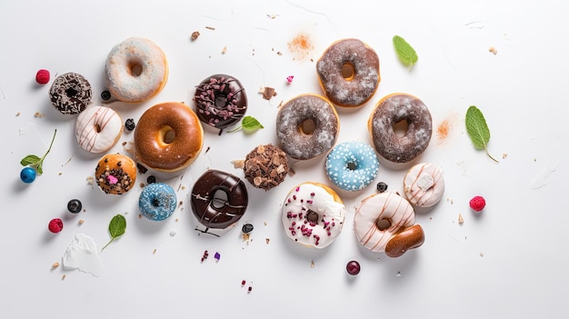 Una variedad de donuts sobre un fondo blanco.