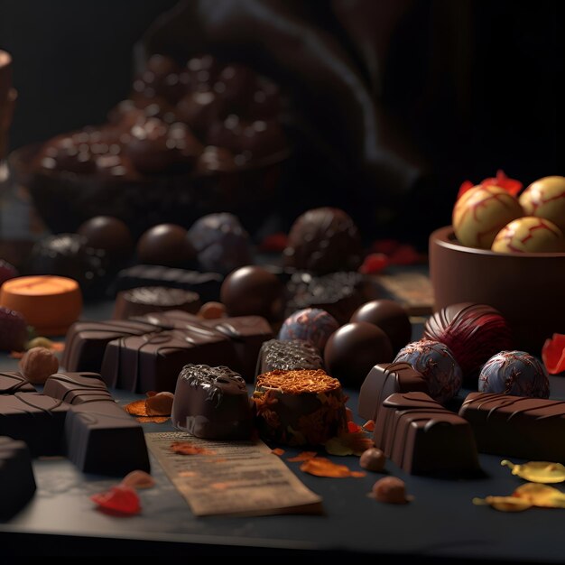 Una variedad de dulces de chocolate sobre un fondo oscuro Enfoque selectivo