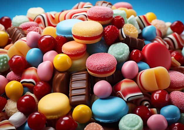 Una variedad de dulces coloridos y chocolate y dulces con macarronesAI Generative