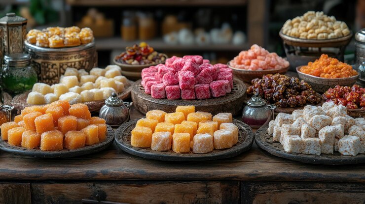 Una variedad de dulces coloridos en cubos y golosinas en platos antiguos exhibidos en una superficie de madera rústica