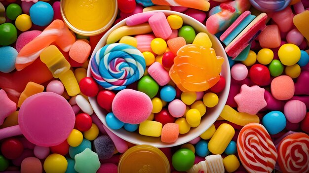 Una variedad de dulces coloridos en un entorno nostálgico