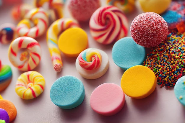 Una variedad de dulces y dulces coloridos para fiestas infantiles en la mesa