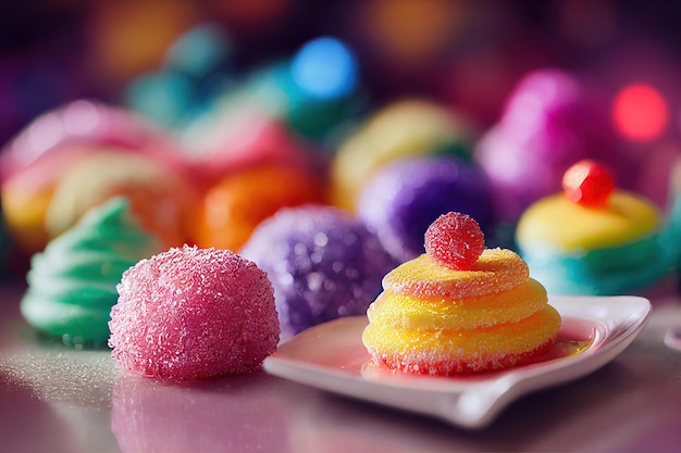 Una variedad de dulces y dulces coloridos para fiestas infantiles en la mesa