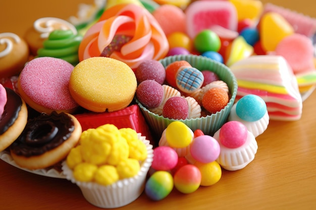 Una variedad de dulces está sobre una mesa y el dulce está sobre una mesa.