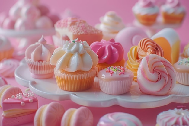 Una variedad de dulces en un fondo rosado pasteles merengues y golosinas azucaradas