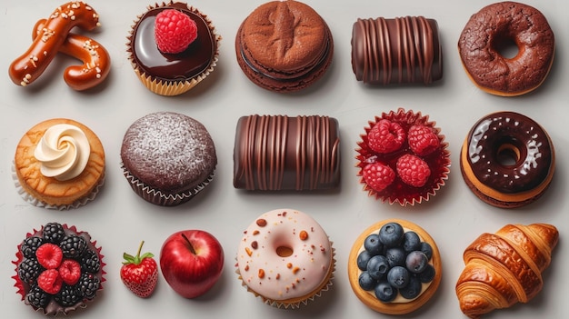 Una variedad de dulces y postres, incluidos pasteles de chocolate, pasteles de terciopelo rojo, pastel de manzana, macarrones, pretzels, rosquillas, pasteles, muffins, galletas, croissants, dulces de panadería en un blanco.