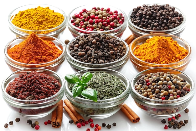 Una variedad de especias y hierbas en cuencos de vidrio para la inspiración culinaria