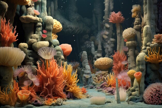 Foto una variedad de esponjas de aguas profundas que crean una escena de otro mundo creada con inteligencia artificial generativa