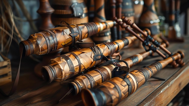 Foto una variedad de flautas y tubos de madera tradicionales, algunos con acentos de cuero o metal, se exhiben en una mesa de madera