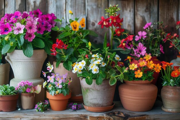 Una variedad de flores coloridas en varias ollas decorativas adornan un estante de madera creando una exhibición alegre y acogedora perfecta para un centro de jardinería o una tienda de decoración para el hogar.