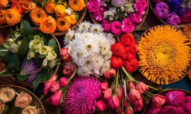 Una variedad de flores están dispuestas en cestas.