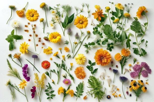 Una variedad de flores están dispuestas sobre una mesa.